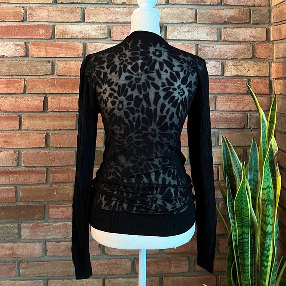 Current Air Los Angeles Anthropologie Long Sleeve Lacey Black Stretch Top Black - Picture 2 of 11